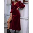 thumbnail image 6 of Women'S Long Sleeve Velvet Dress V Neck Holiday Cocktail Party Semi Formal Midi Dresses Wine Red L, 6 of 9