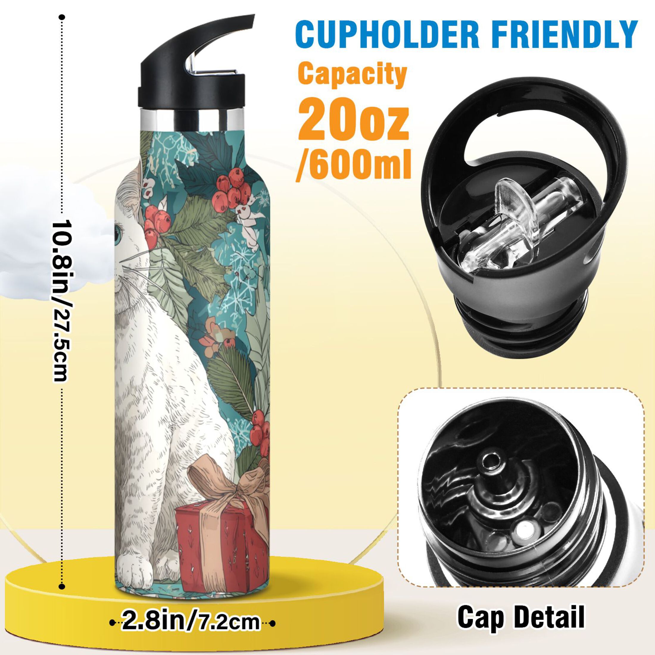 600ML Stainless Steel Insulated Cup Sports Water Bottle Portable Thermos Cup Water Glasses Insulated Tumblers Convenient and Durable Warm Christmas White Cat