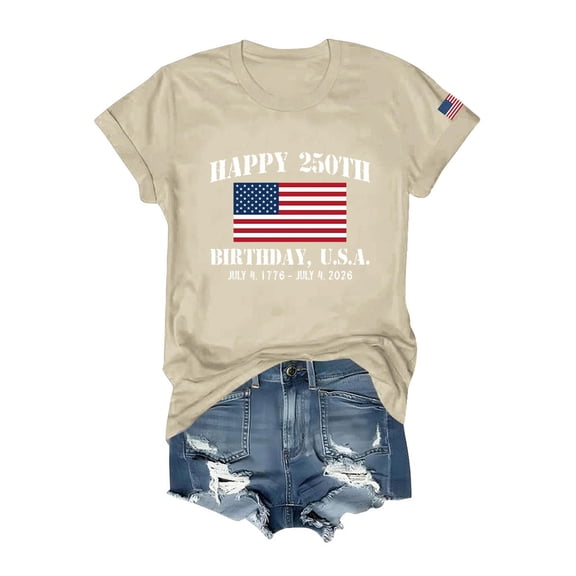 Womens 250th Anniversary USA Flag Graphic Short Sleeve Crew Neck Casual Loose Fit T Shirt Comfortable Soft Top Tee Beige L