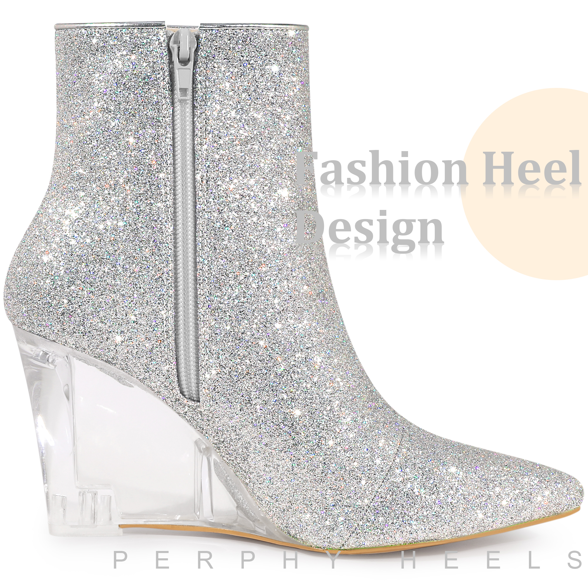DARING DIVA Women's Sequin Pointed Toe Clear Wedge Heels Ankle Boots Silver US 8