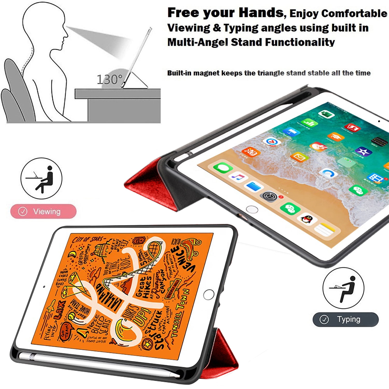 iPad 9th 2021 8th 2020 7th 2019 Gen [iPad 9 iPad 8 iPad 7 ] 10.2 Inch A2602 A2270 A2197 MK663LL/A MK673LL/A MYN62LL/A MW6Y2LL/A Protective Durable TPU Silicone Back Case Pencil Holder - Denium Red