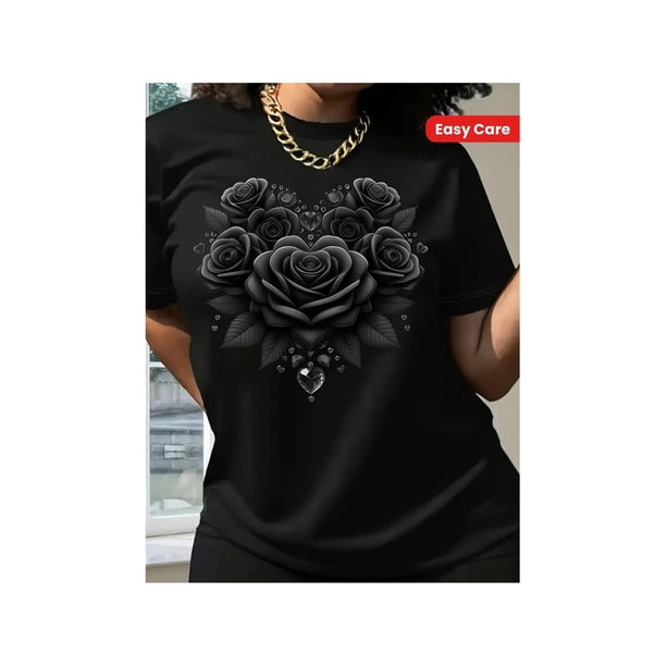 Plus-Size Women's Floral Heart Graphic T-Shirt - Vibrant Rose & Butterfly Print, Soft Pink Crew Neck Short Sleeve Casual Top for Spring Summer, Breathable & easy Care