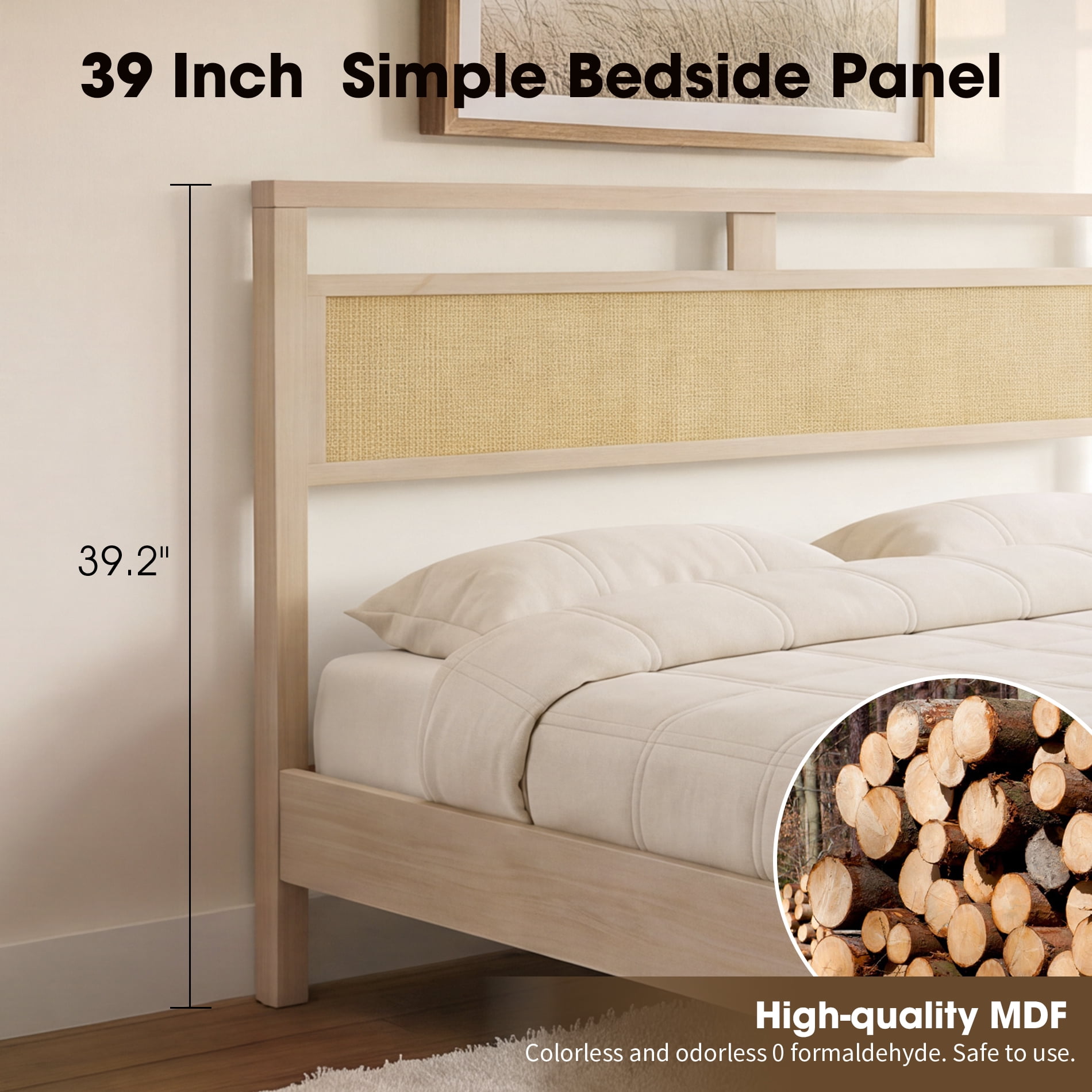 Queen Bed Frame With Rattan Headboard, Solid Wood Legs,Beige