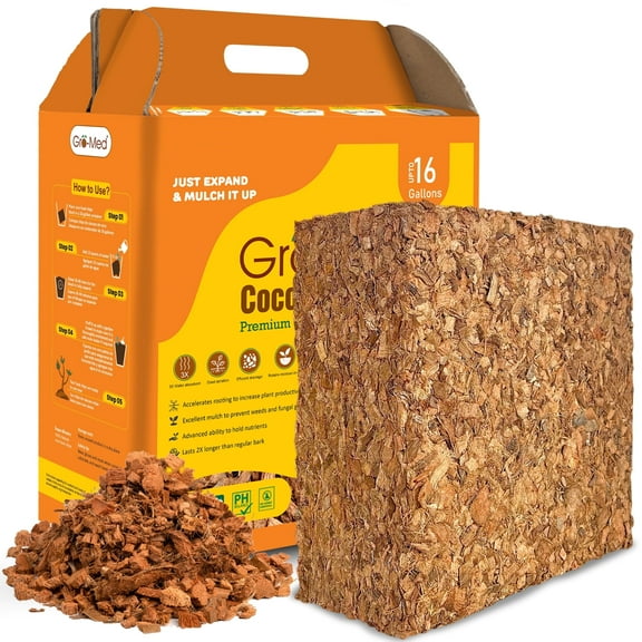 Gro-Med Coconut Coir Husk Chips Block, 10lb - Raised Garden Bed Mulching Substrate with Coco Orchid Potting Mix, 16 Gal - Expands to 2.5 cu ft