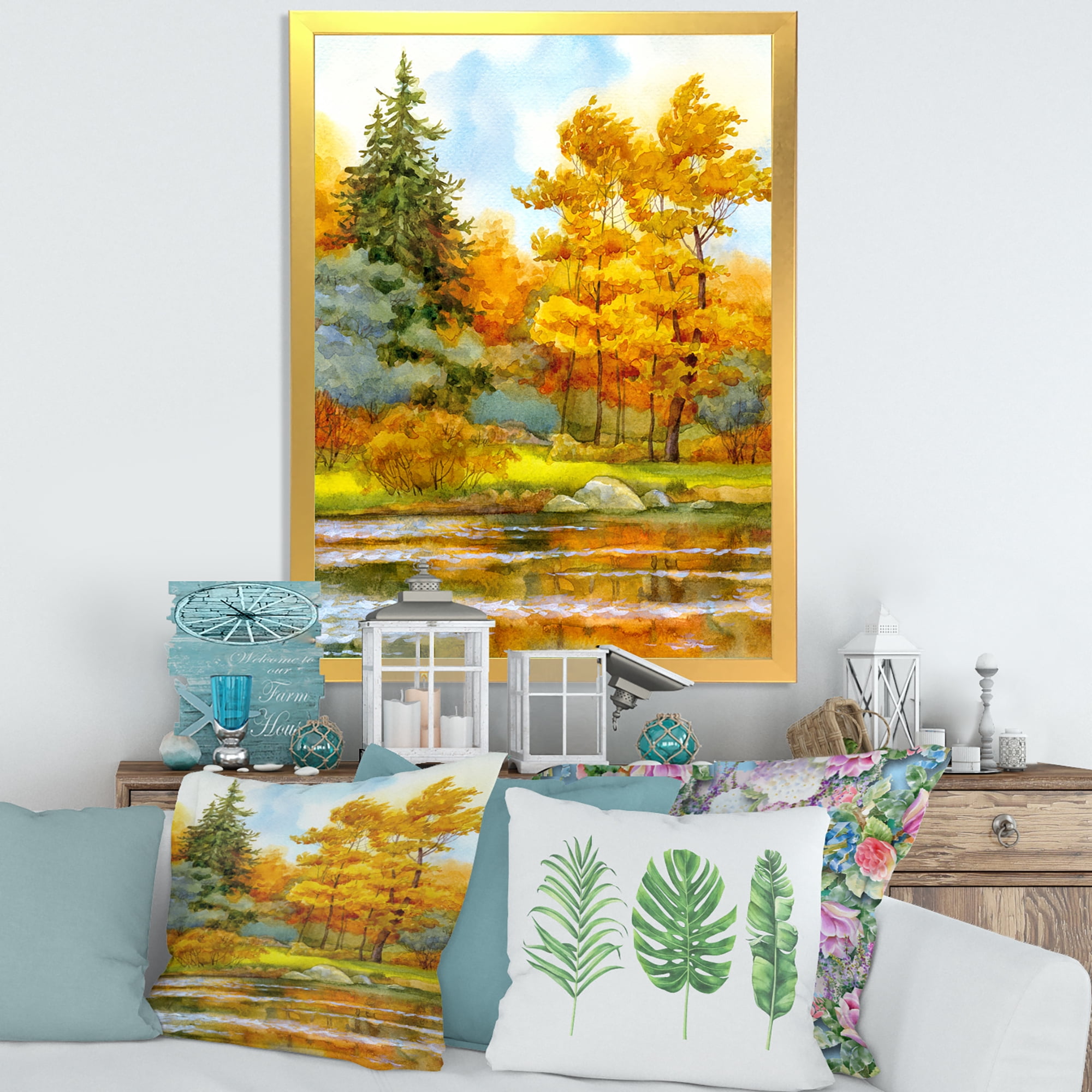Designart 'Autumn Forest By The Lake Side I' Lake House Framed Art Print