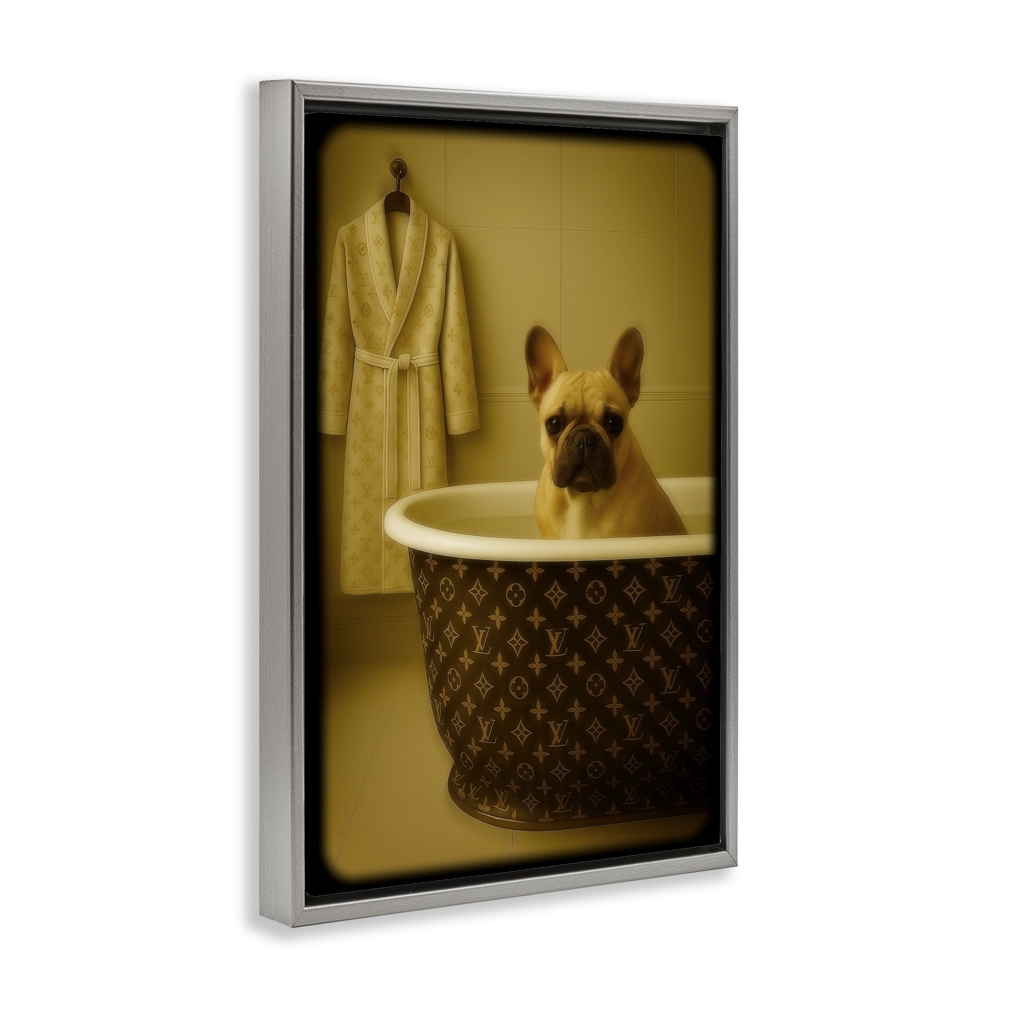 Stupell Industries Couture French Bulldog in Luxury Tub Gray Framed Floater Canvas Wall Art, design by Grotto Studios