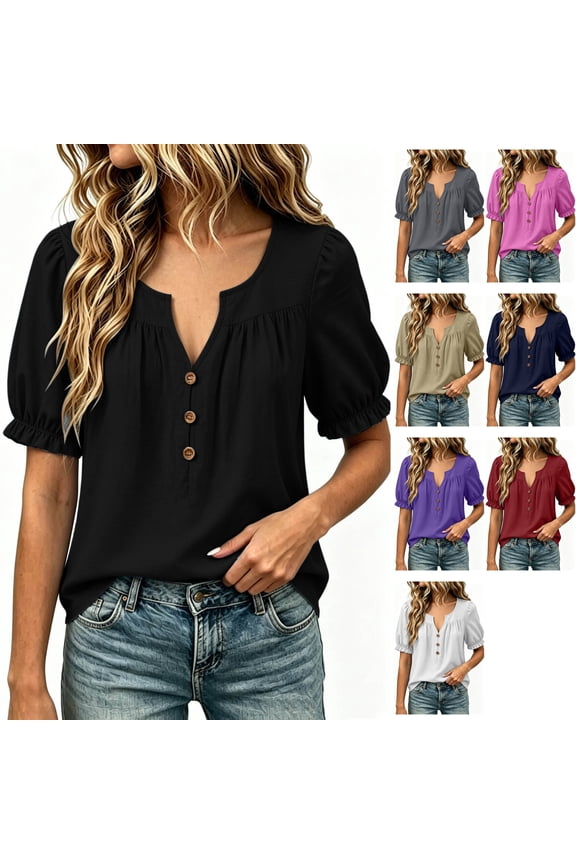 Womens Boho Peasant Blouse Puff Sleeve Notch V Neck Button Decor Pleated Front Flowy Shirt for Fall Fashion Travel Resort, Black, M