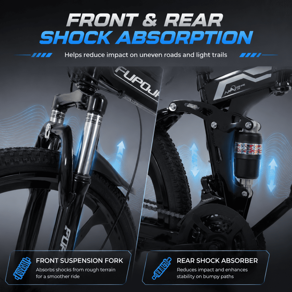 FUPOJH 26" Folding Mountain Bike for Men & Women,21 Speed,Dual Disc Brakes,Dual Suspension,Black