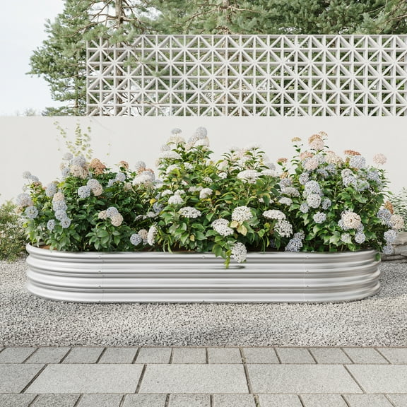 Barara King Outdoor Garden Bed Planter Box, Raised Garden Bed Outdoor, Oval Large Metal Raised Planter Bed for for Plants, Vegetables, and Flowers - Silver