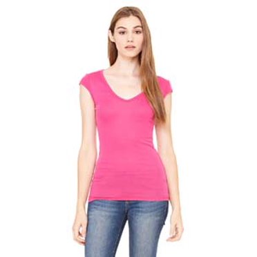 Bella + Canvas Ladies' Sheer Mini Rib Cap-Sleeve Deep V-Neck T-Shirt