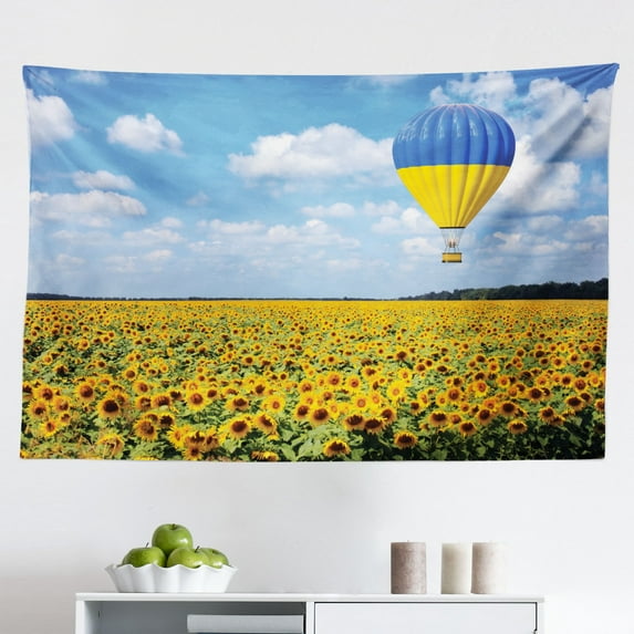 Hot Air Balloon Tapestry, Striped Sky Transportation Soaring Clouds Birds Repetitive Illustration, Fabric Wall Hanging Decor for Bedroom Living Room Dorm, 2 Sizes, Multicolor, by Ambesonne