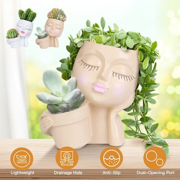 Face Planter Pot, iMounTEK Double Flower Pots in One, Nice Gifts, Lady Head Resin Plant Pot for Succulent Cactus Indoor Outdoor, Whtie
