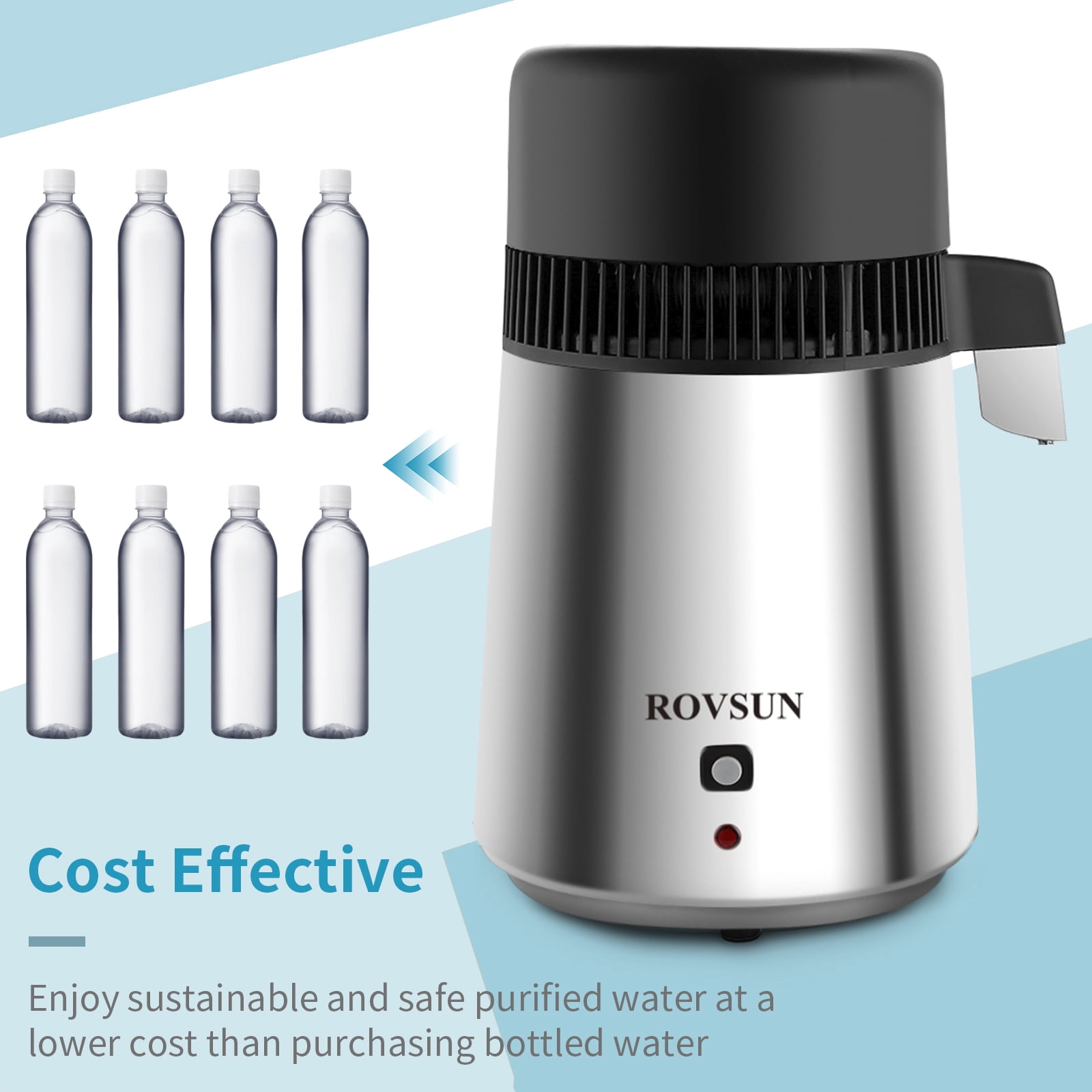 ROVSUN【Upgraded】4L Countertop Water Distiller Machine Stainless Steel for Home, 750W Distilled Water Maker with Glass Container, 1L/H,Silver