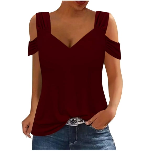 Lovskoo 2024 Cold Shoulder Tops Tunic Summer Slim Shirts for Women T Shirts V Neck Short Sleeve Casual Tees Tops Burgundy L