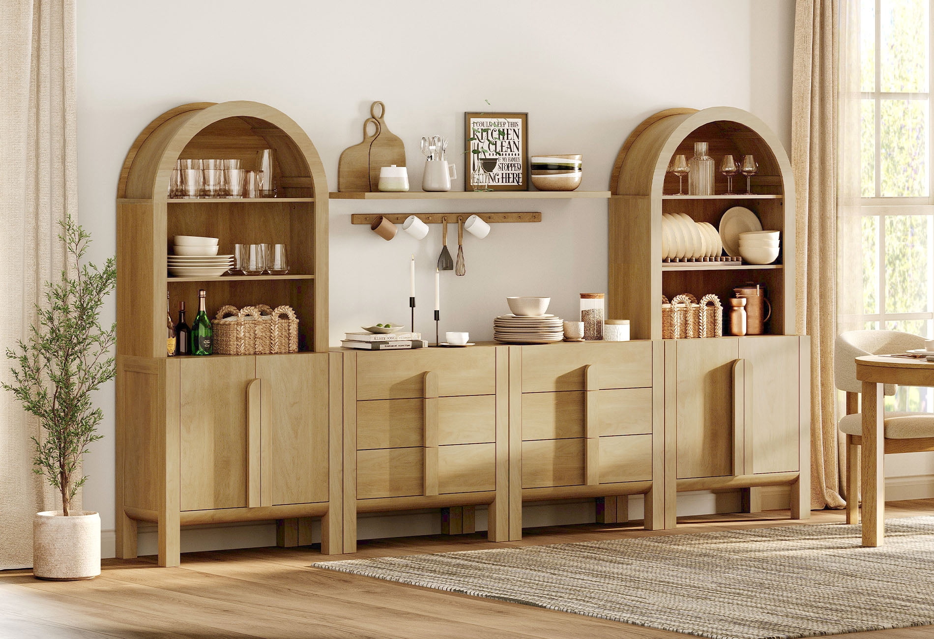 126"W Large Kitchen Hutch Sideboard Buffet Cabinet, Arched Pantry Storage Cabinet with 4 Wood Doors, 6 Drawers And 10 Tier Shelves