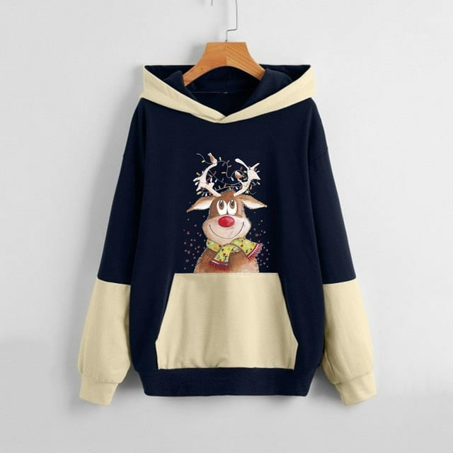 Pntutb Mujer Moda Casual Navidad Impreso Blusa de manga larga Bolsillo Pullover tops Sudaderas con capucha Pntutb Pntutb-7378