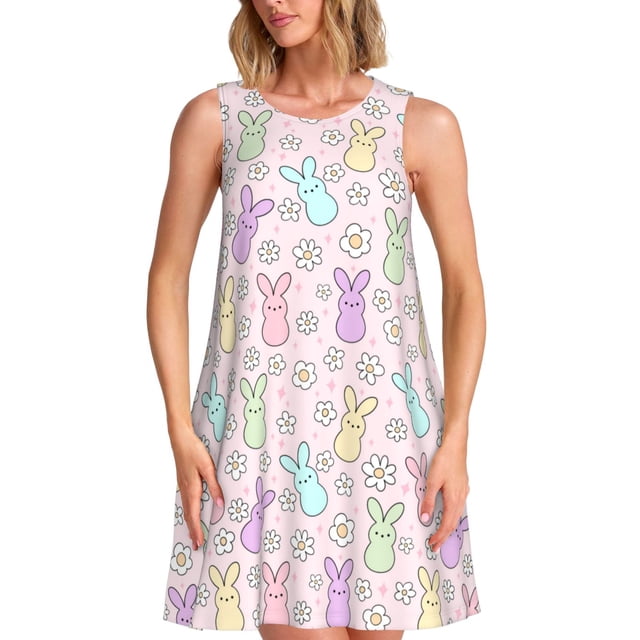 Balery Colorful Bunny Vestidos de verano para mujer con estampado: vestido holgado sin mangas, vestido playero informal y cómodo para días calurosos.