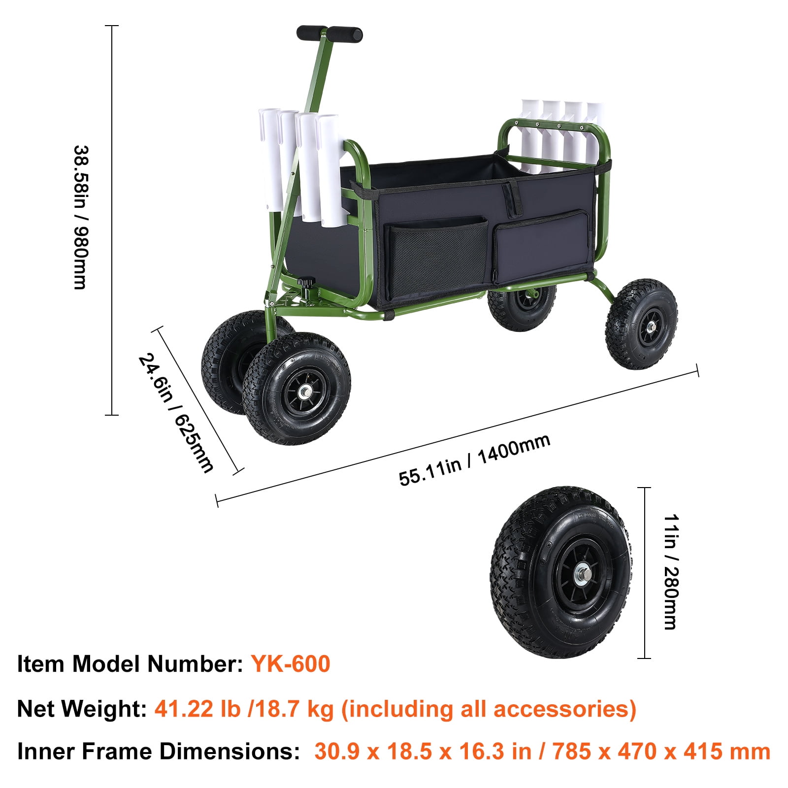 KFFKFF Beach Fishing Cart Foldable Fishing Trolley 300 lbs with Balloon Tires