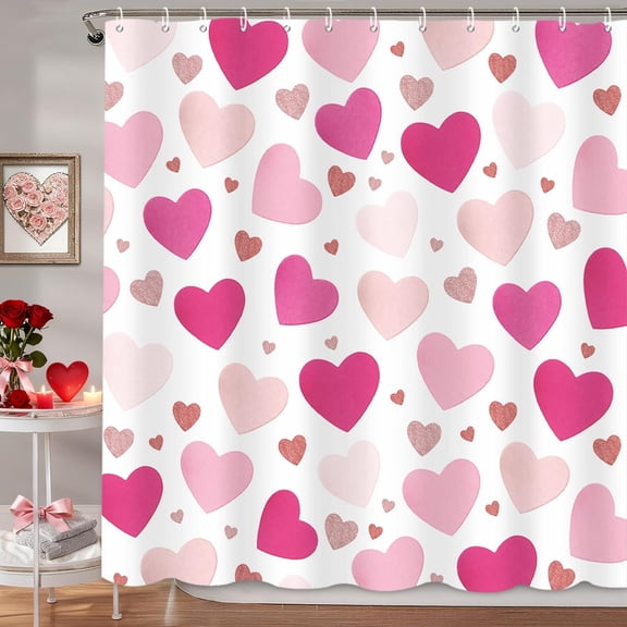 Moderong Valentines Shower Curtain,Hot-Pink Rose-Gold Love Hearts Shower Curtain,Valentine''s Day Bathroom Decorations,Sweetheart Bathroom Curtains Washable Durable Fabric 72x72 in