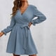 thumbnail image 2 of Vestido de cuello en V Color puro Globo Manga larga Fibra de poliéster Casual Vestido con cinturón para compras diarias Azul S, 2 of 6