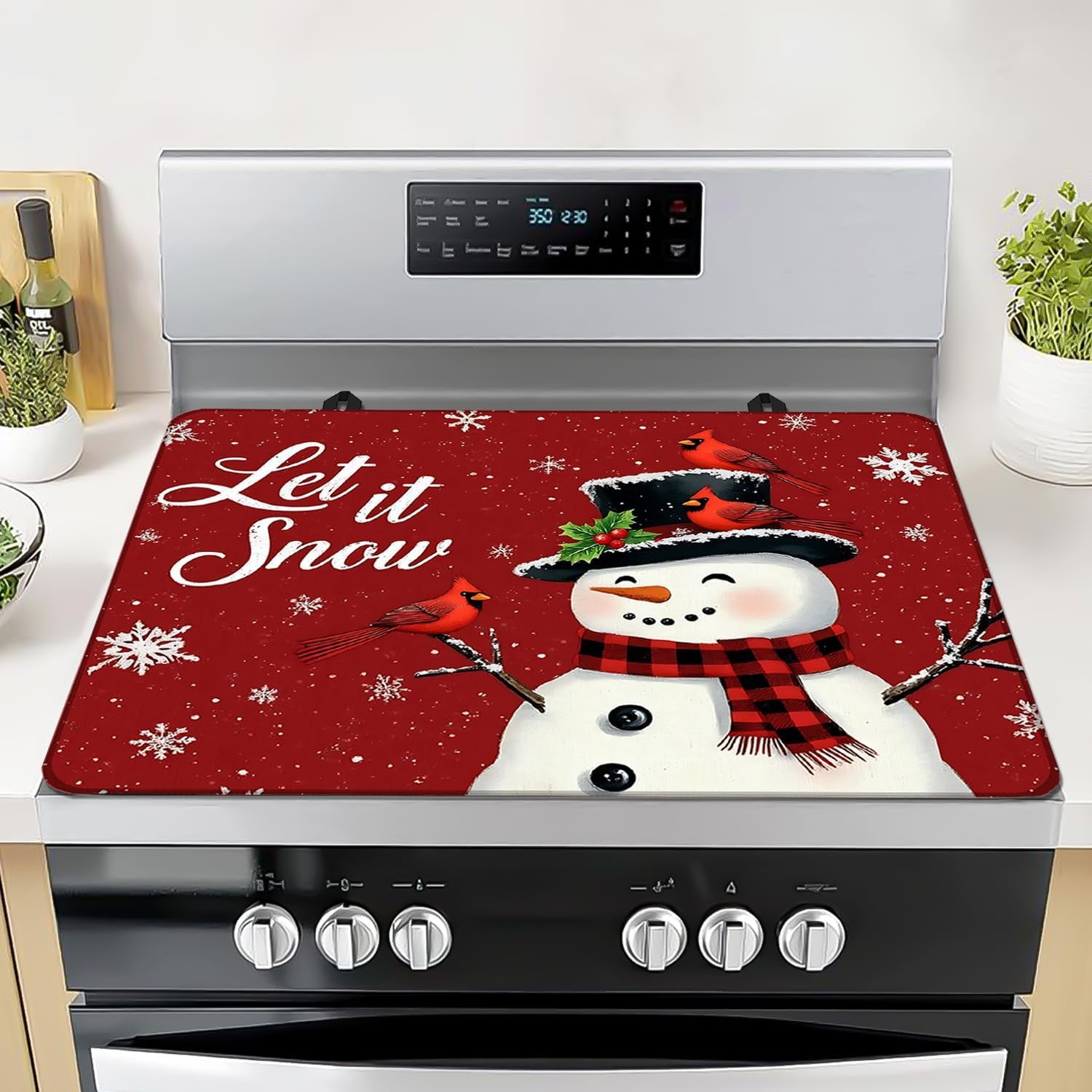 Christmas Snowmen Stove Cover Let It Snow Winter Stove Top Cover for Kitchen Decor Red Electric Stove Pad Xmas Party Non-Stick Gas Burners Covers Washable Countertop Protector Keep Stove Clean
