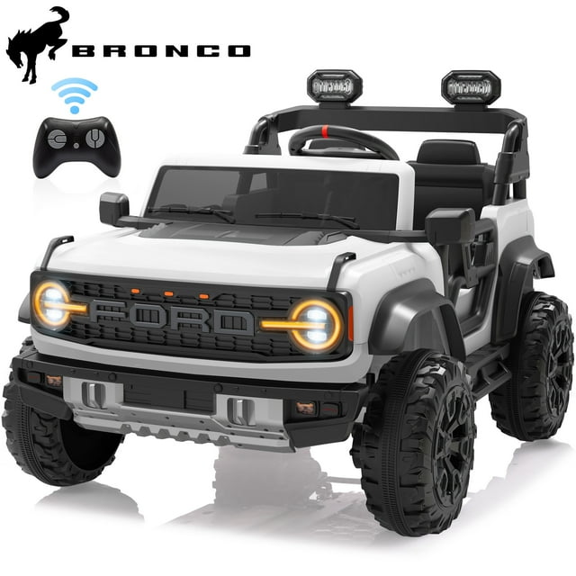 Voitures Électriques 24V à 2 Places pour Grands Enfants, Camion Jouet Motorisé sous Licence Ford Bronco Raptor avec Télécommande, Suspension à Ressort, Bluetooth, Lumière LED, Voiture Électrique pour Enfants 3-8 Garçons Filles, Blanc
