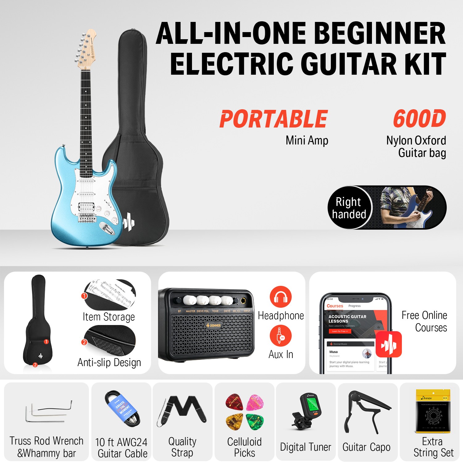 Donner DST-100R Solid Body 39 Inch Full Size Electric Guitar Kit , Beginner Starter, with Amplifier, Bag, Capo, Strap, String, Tuner, Cable, Picks - image 2 of 6