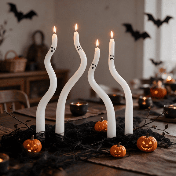 Halloween Decorations Indoor - 4 Pack Cute Ghost Taper Candles - Halloween Centerpieces for Tables - Twisted Candle Decoration for Mantel Table - Spooky Ghosts Candle Decor for Home Party Room