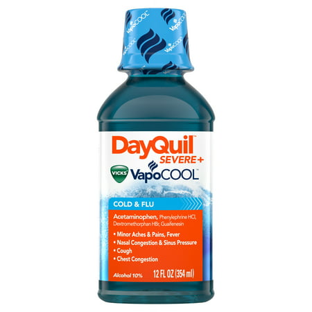 DayQuil SEVERE with Vicks VapoCOOL Cough, Cold & Flu Relief, 12 Fl Oz - Relieves Daytime Sore Throat, Fever, and Congestion, Count: (Best Remedies For Sore Throat And Congestion)
