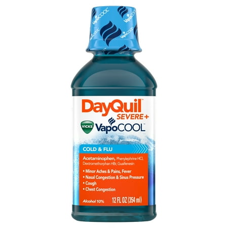 Flu Graphics - DayQuil SEVERE with Vicks VapoCOOL Cough, Cold & Flu Relief, 12 Fl Oz - Relieves Daytime Sore Throat, Fever, and Congestion, Count: 1