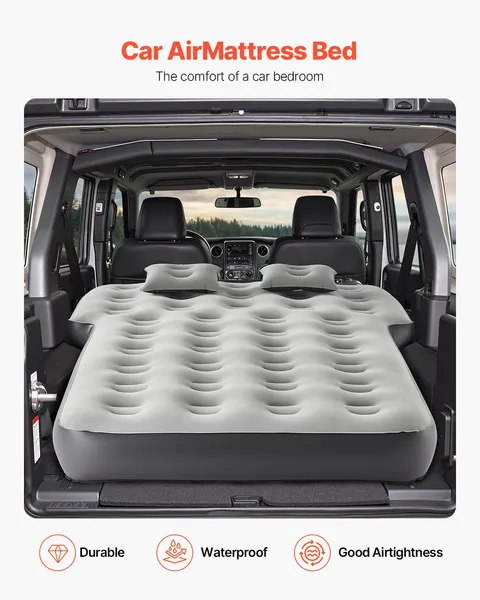 Car Air Mattress, Fits Toyota 4runner, Jeep Wrangler, Inflatable Car Camping Mattress, Flocking Thickened Blow Up Travel Beds, Durable Portable Sleeping Pad with Built in Pump, 2 Pillows, Gray