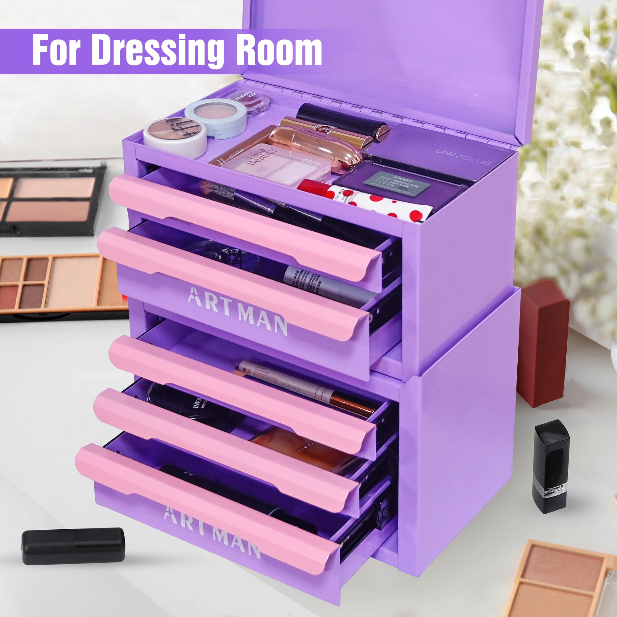 JXXRZ Mini Desktop Storage Box with 5 Drawers, Desk Organizer for Office, Stationery & Cosmetics, Purple-Pink
