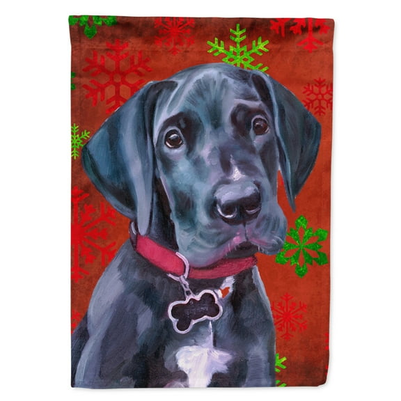 Black Great Dane Puppy Red Snowflakes Holiday Christmas House Flag