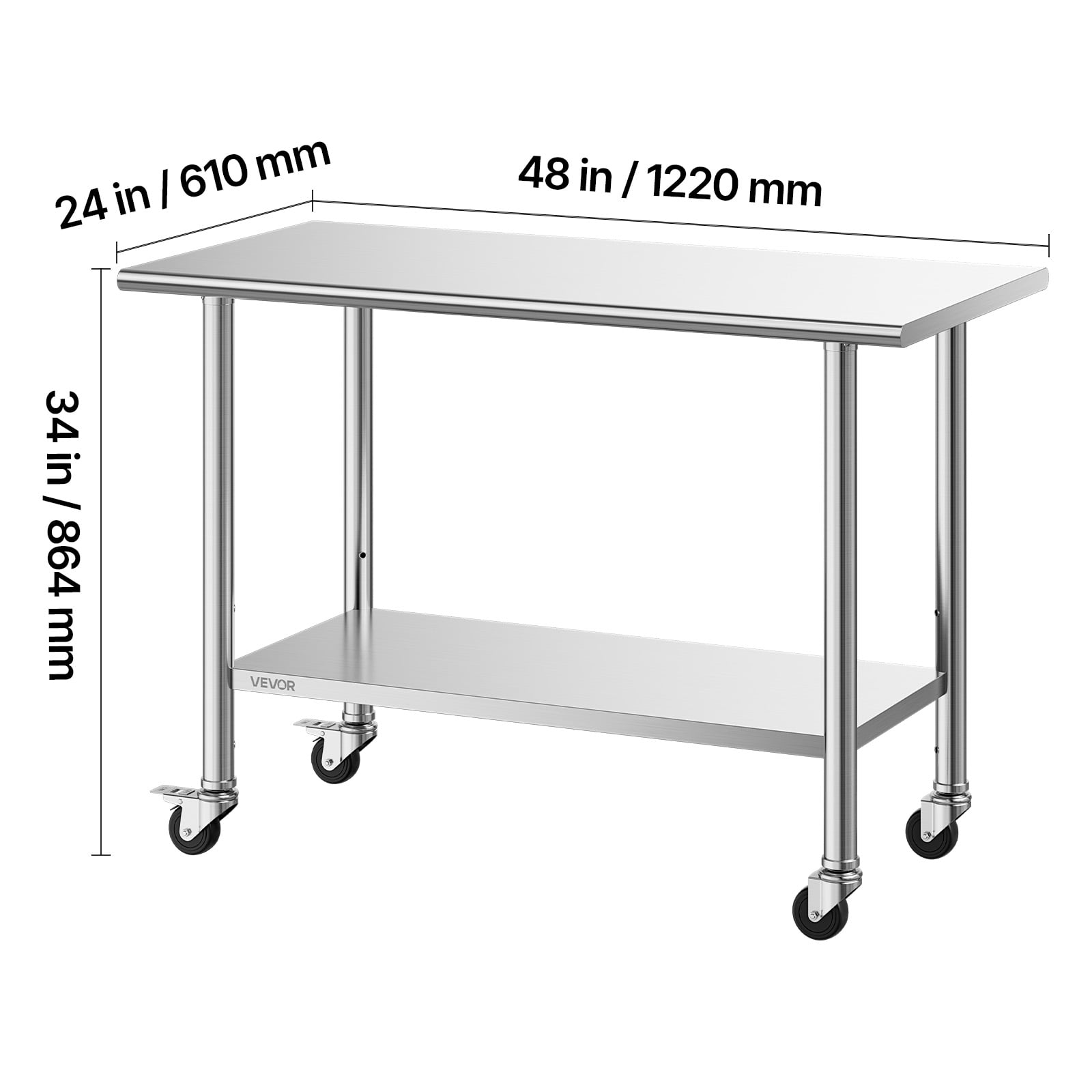 VEVOR Stainless Steel Work Table, 24x48 inch Food Prep Table with Wheels and Backsplash, Commercial Kitchen Workstation with Adjustable Undershelf, Metal Utility Worktable, for Restaurant Home