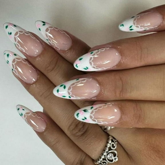 24pcs French Tip Press On Nails with Lace and Flower Stick ons Nails Decoration Acrylic Artificial Nails for Daily Use