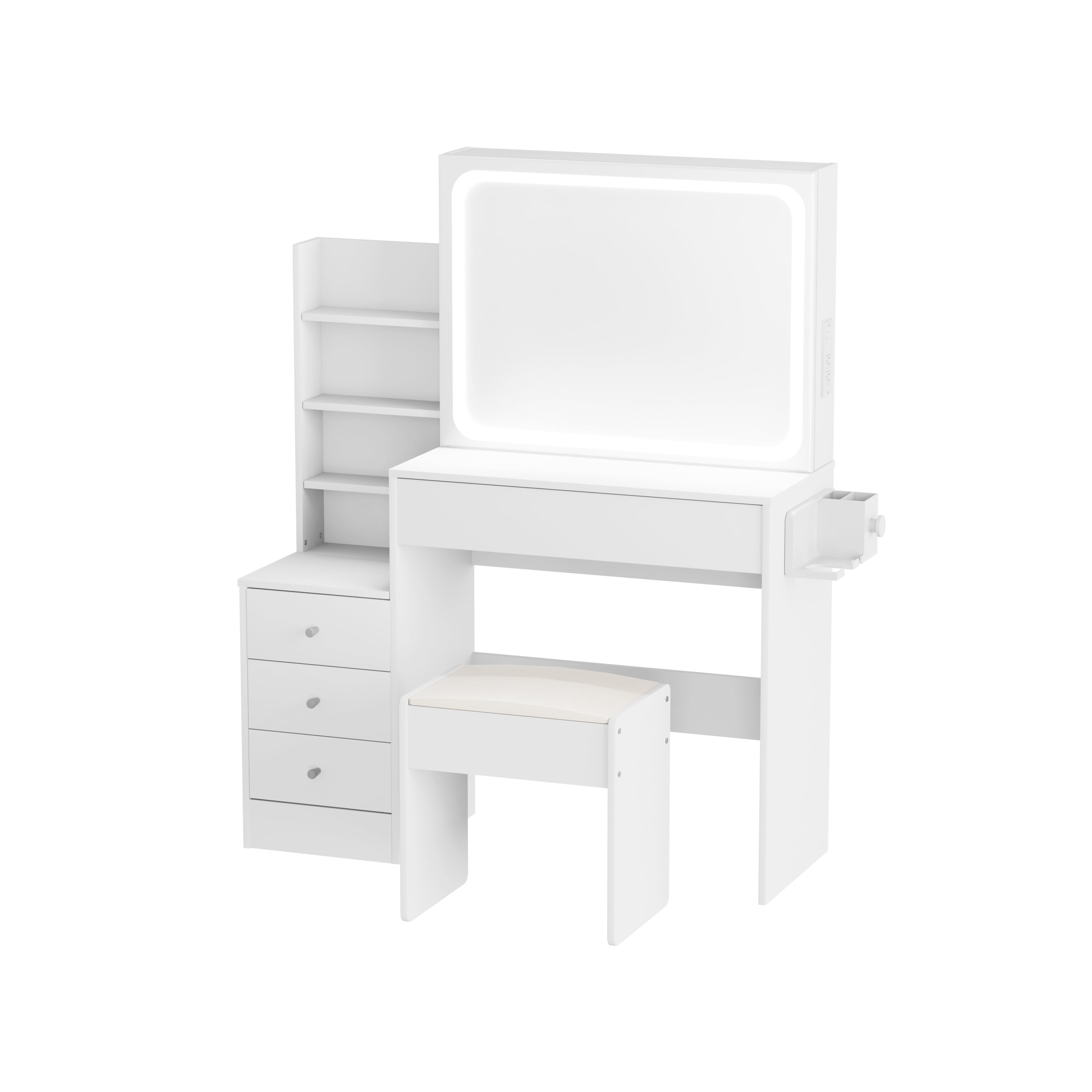 Euroco Modern Mini Dressing Table with LED-lit Mirror & Hidden Storage,Multi-tier Dust-proof Shelves，Includes Padded Stool,Adjustable Brightness Vanity Desk
