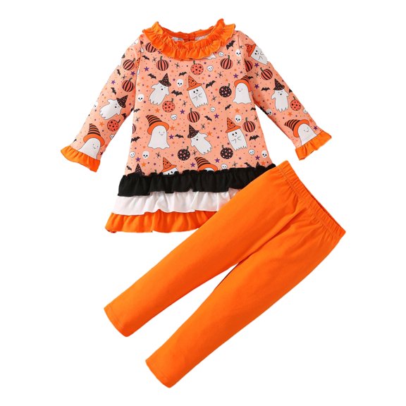 GYRATEDREAM Toddler Baby Girls Halloween Clothing Set 2 Pcs Kids Crewneck Ghost Pumpkin Long Sleeve T-Shirts Tees Pullover Shirts Tops Stripe Pant Outfits for 1-8 Years Orange