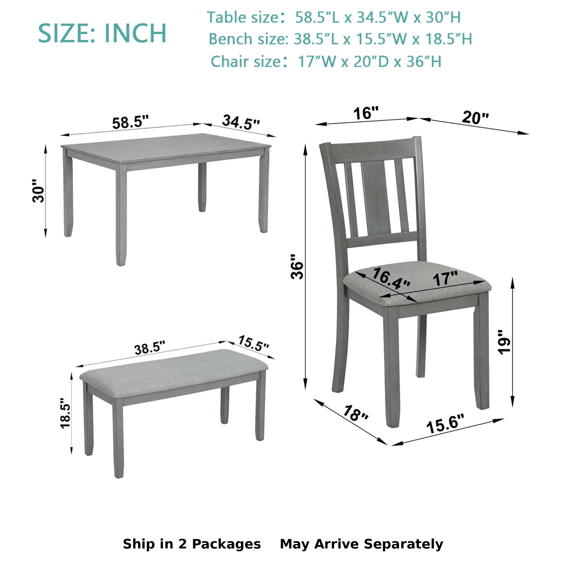 BSHTI 58.5" Acacia Wood & MDF 6-Piece Dining Table Set with Slatted Back Upholstered Chairs and Bench for Kitchen Dining Room(Gray)