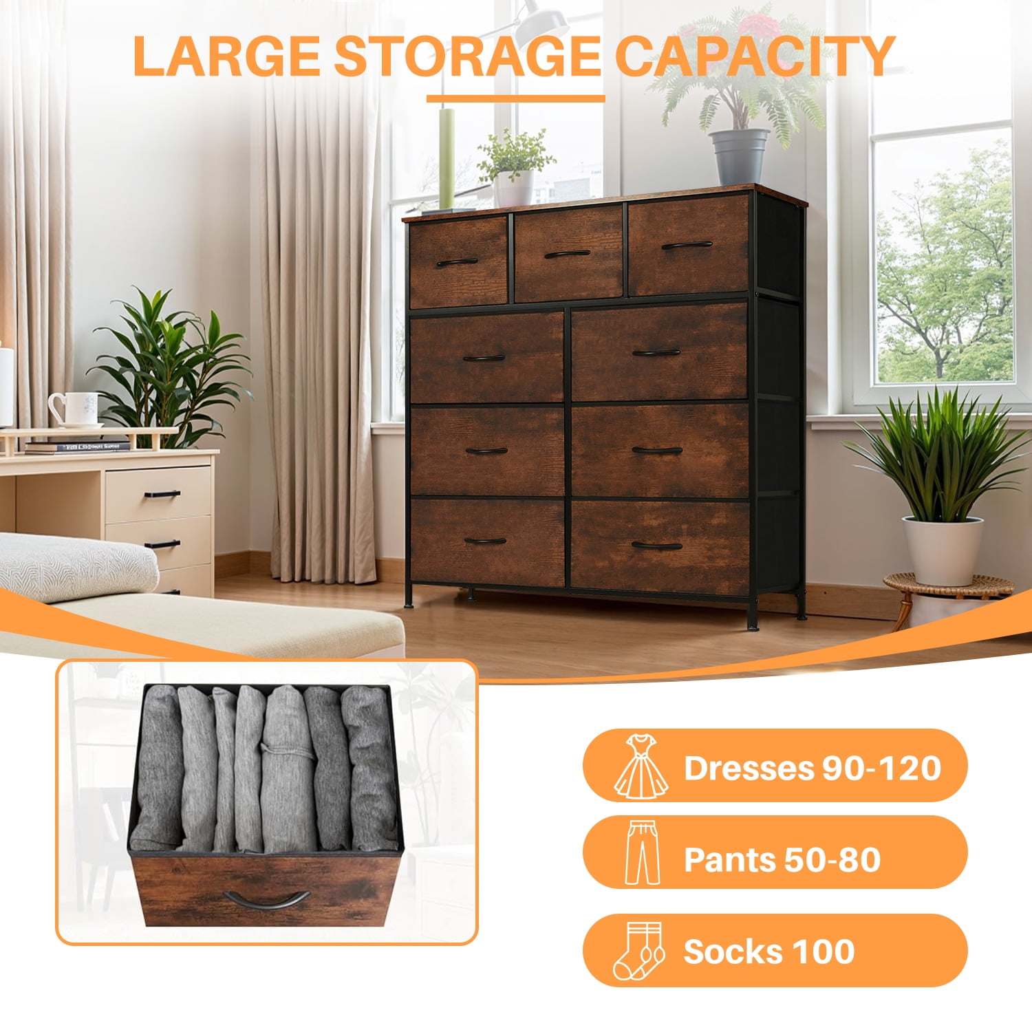 Simenmax 9 Drawers Dresser for Bedroom, Tall Fabric Closet Chests Organizer Tower Furniture with Wooden Top Metal Frame for Clothes, Room, Living Room, Hallway, Entryway,Brown