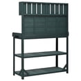 thumbnail image 3 of 65" Large Wooden Farmhouse Rustic Outdoor Potting Bench Table, Patio Workstation, Garden Potting Bench with 4 Storage Shelves and Side Hook, Forest Green, 3 of 18