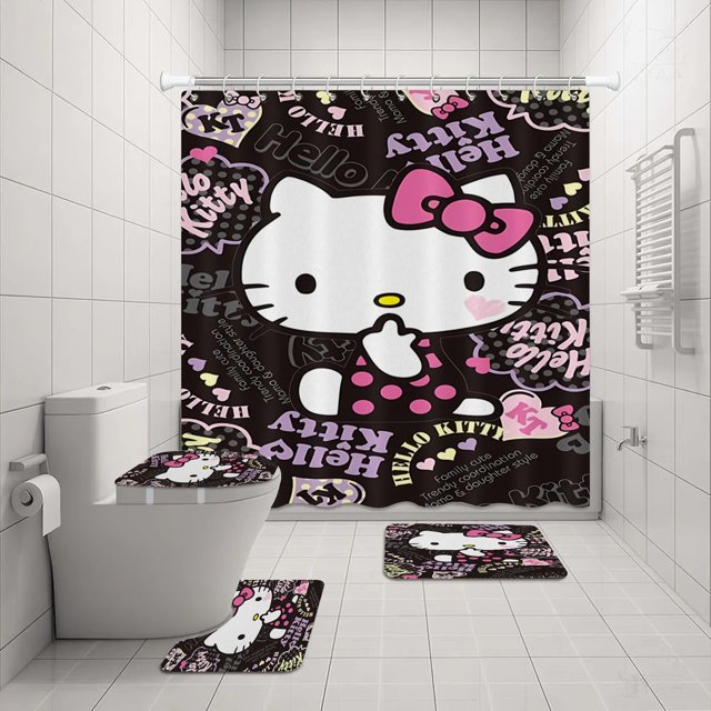 Hello Kitty Ensemble de Rideau de Douche Sanrio Impression Anime Imperméable Rideau de Douche Ensemble de Quatre Pièces Tapis Couvercle de Toilette en Forme de U LS