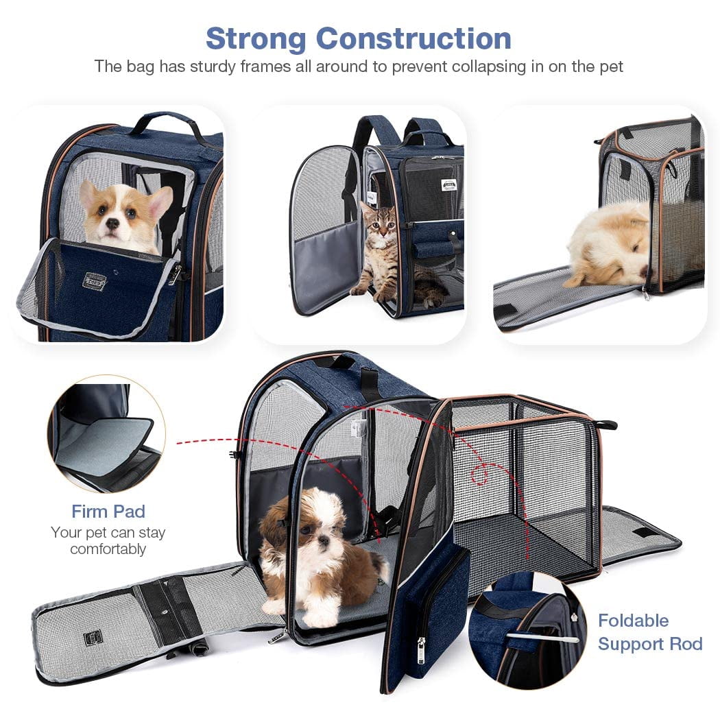 Extra Large Expandable Cat Backpack Carrier, Pet Carrier Backpack for Small Dogs & Medium Cats, Supports Up to 18 Lbs, Foldable Design for Travel Hiking Outdoor Use, Breathable Pet Backpack, Blue