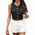 thumbnail image 3 of Jean Vests for Women Crop Denim Top Button Down Waistcoat Vest Tank Tops Fashion Casual Sleeveless Jacket Black & Gray L, 3 of 9
