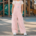 thumbnail image 3 of KIDSCOOL Big Girls Cargo Denim Overalls Kids Wide Leg Jean Jumpsuit Pants,Pink,10-11 Years, 3 of 8