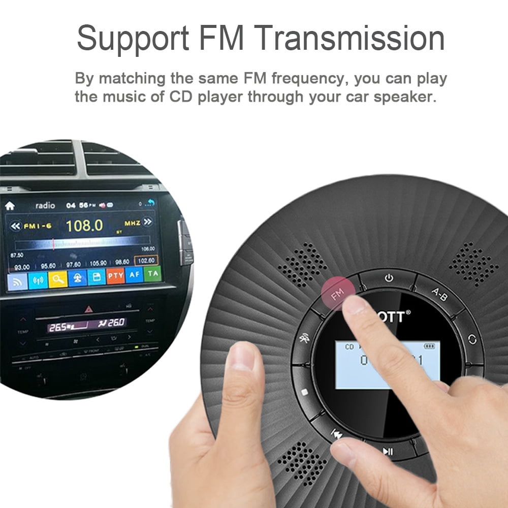Rechargeable Wireless Portable CD Player with FM Transmission Function for Car, Built-in 4 Speaker, ASP Shockproof, Personal MP3/CD Music Disc Player
