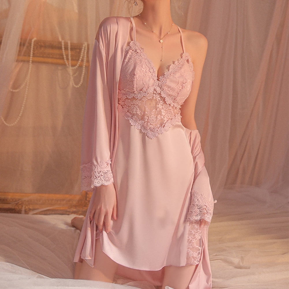 ALSLIAO Women Pajamas Sexy Perspective Lace Nightgown Homewear Sleeveless  Night Dress Pink M 