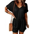 thumbnail image 1 of Mujeres jumpsuit manga corta V Masajeadores de cuello color puro lazo la cintura con bolsillo para las mujeres verano Oficina, 1 of 6