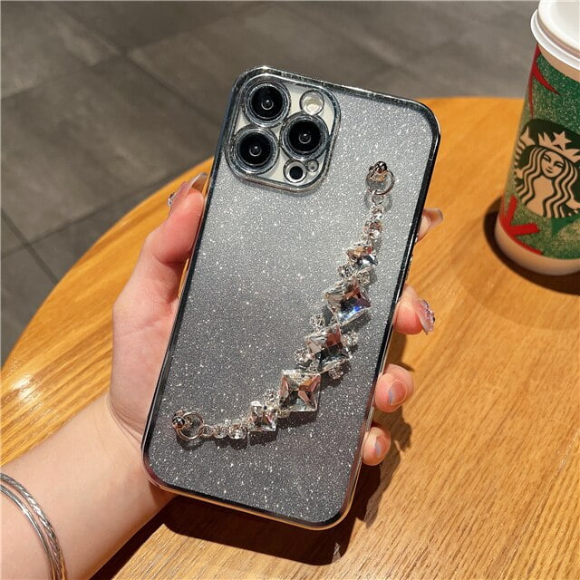 Funda de teléfono con correa de pulsera con purpurina chapada de lujo para iPhone 11, 12, 13, Mini, 14 Pro Max, X, XR, XS, 7, 8 Plus, funda de cadena de diamante Flash Fivean unisex