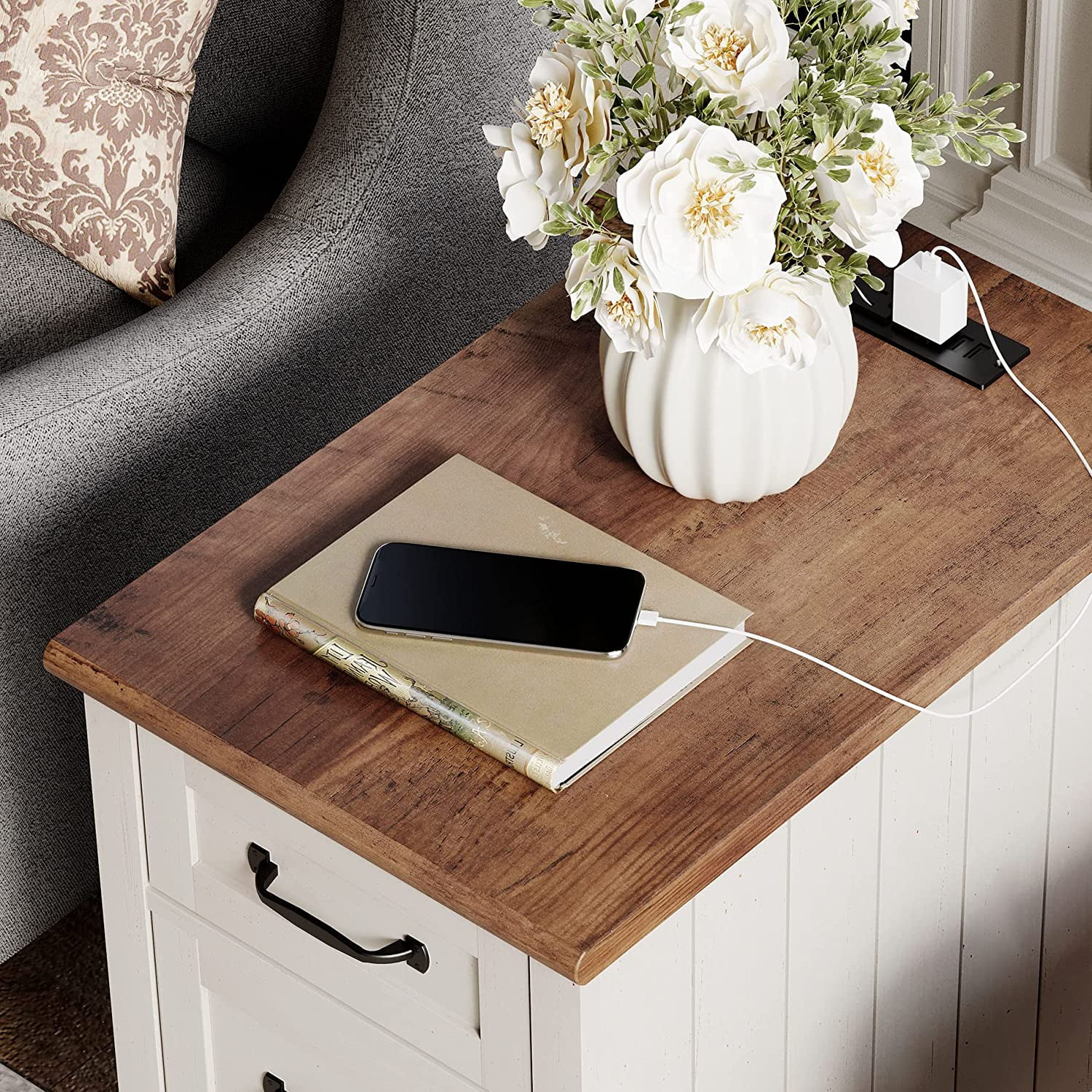 End Table with Charging Station&USB Port, Side Table with Storage Drawers for Living Room, Bedroom, White