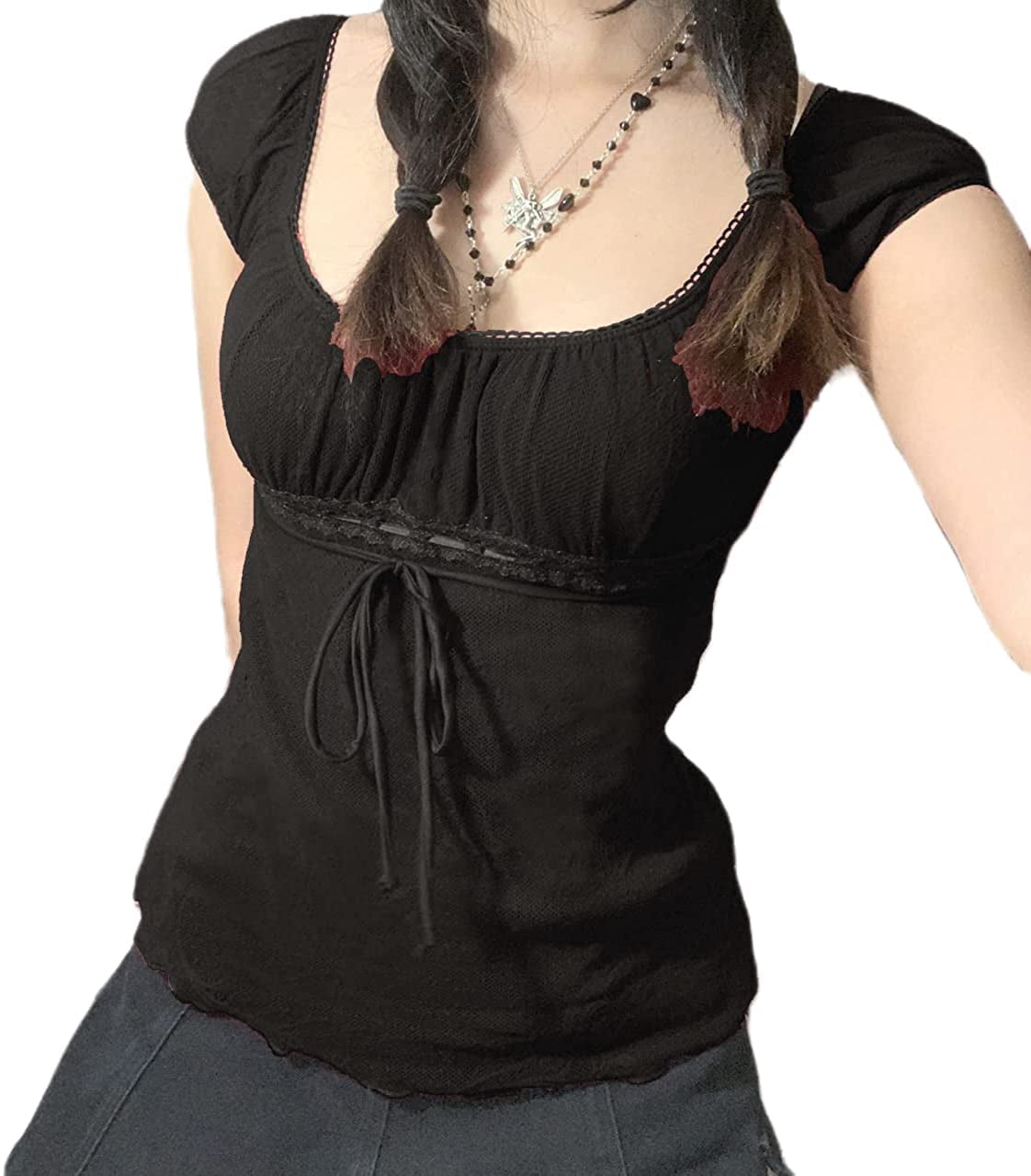 Women Fairy Shirts See Through Square Neck Lace Patchwork Tops Vintage Goth  Aesthetic Clothing - Walmart.com